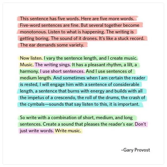 The Gary Provost 'write music' passage with each sentence highlighted by its length
